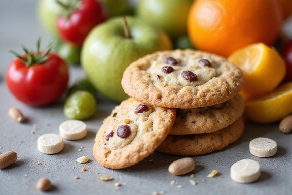 A close-up of various delicious nutritional supplements and fresh fruits, symbolizing healthy choices and wellness. The image features vibrant colors and a clean, modern aesthetic.