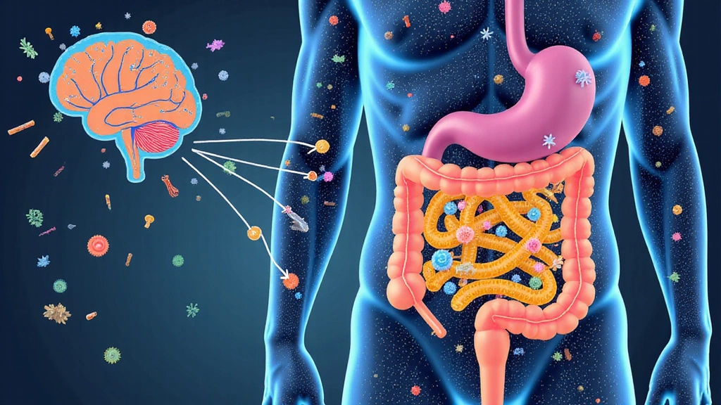 Microbiome illustration with diverse bacteria and brain connections.